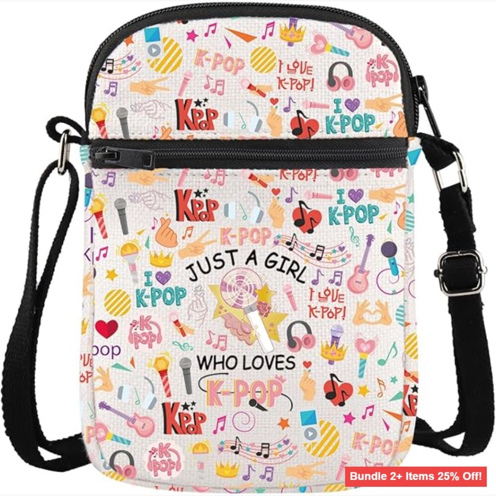 Waterproof Canvas Crossbody Bag with Adjustable Strap, 2 Pockets, K-Pop Design